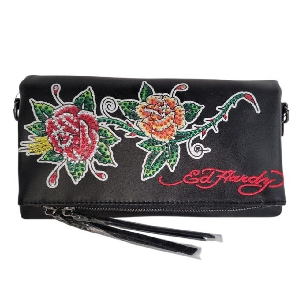 Ed Hardy Crossbody Bag Women OS Black NEW Rose Rhinestone EHH-048R1-42-BLT